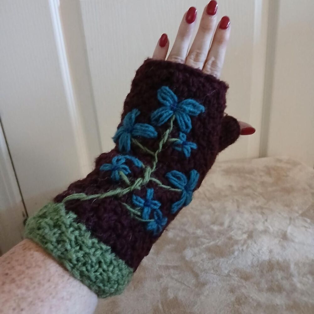RARE Y2K Vintage Rising Tide 100% Wool Floral Fingerless Gloves Granola Hippie